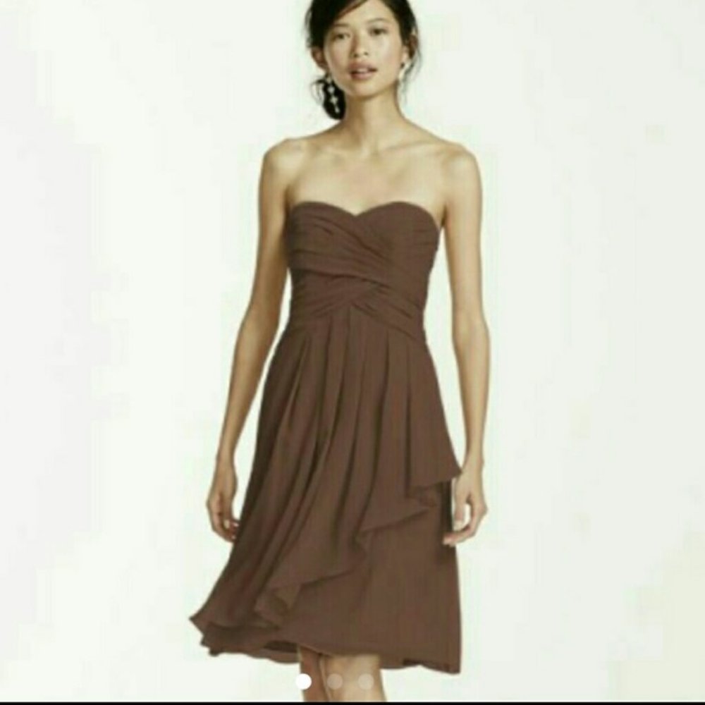 David's Bridal Short Crinkle Chiffon Brown Dress with Front Cascade Size 10 - Picture 1 of 9